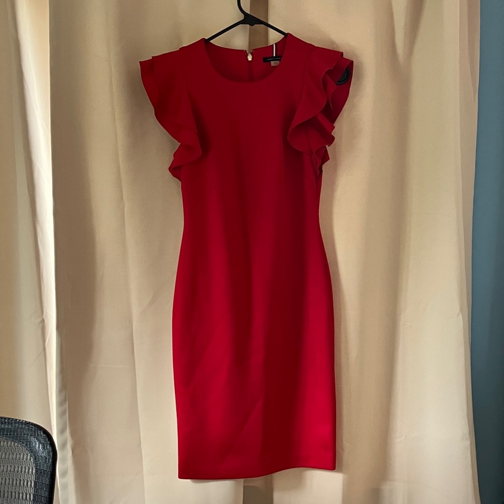 Tommy Hilfiger Red Midi Dress with Ruffle Sleeves